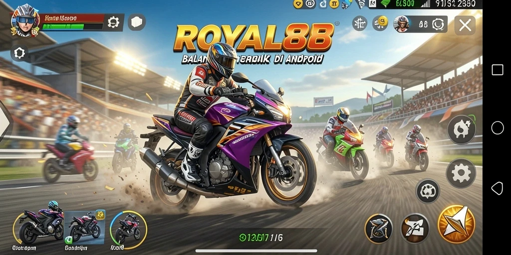 Screenshot gameplay ROYAL88 dengan aksi balapan motor yang intens.