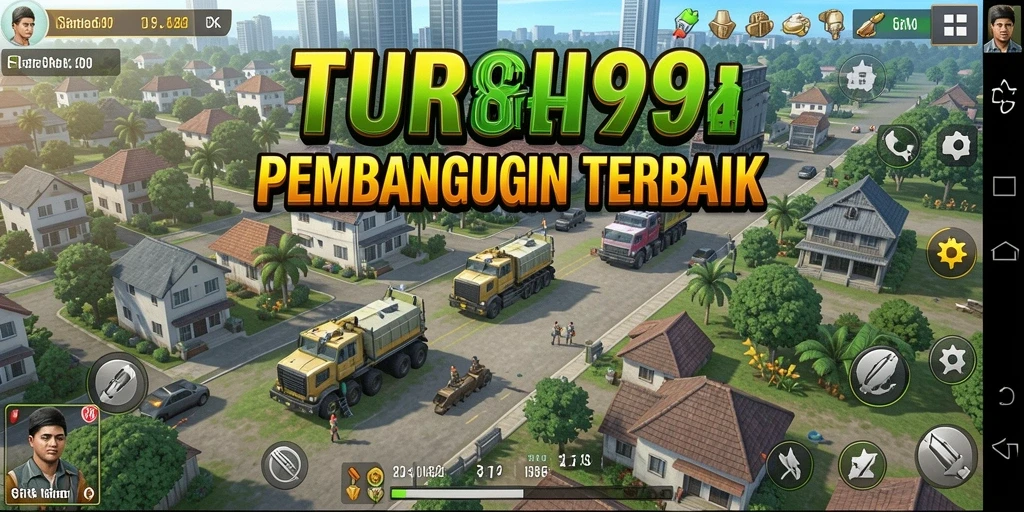 Tangkapan layar utama menunjukkan aksi intens di TURU99 dengan strategi pembangunan yang cerdas.
